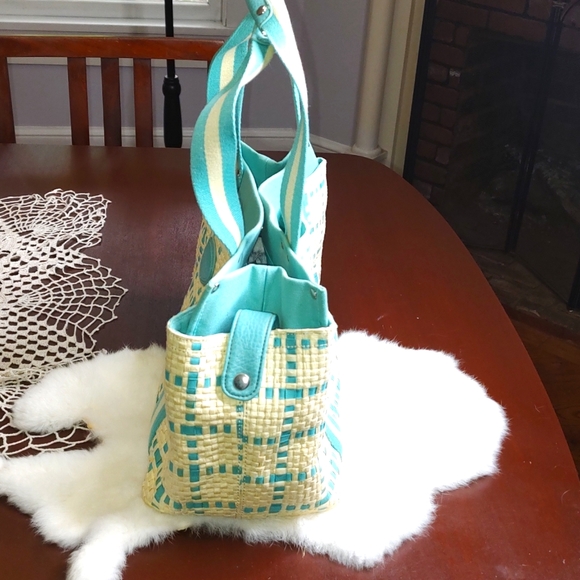 Vintage Tommy Hilfiger Straw & Cloth Handbag Turquoise Blue and Soft Tan - Picture 6 of 16